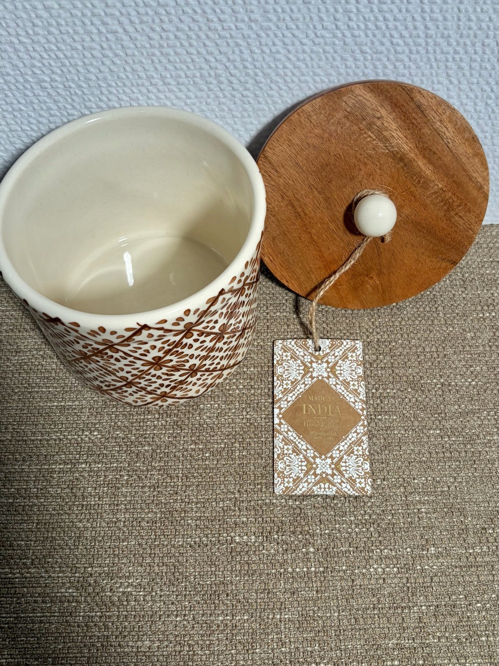 Ceramic Jar with Wood Lid - Hand-Painted Brown & Cream - Picture 5 of 8